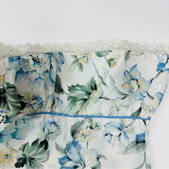 Vintage Blue Floral Cotton Lace Ruffle Trim 2 Standard Pillowcases & Flat Sheet - Picture 4 of 14